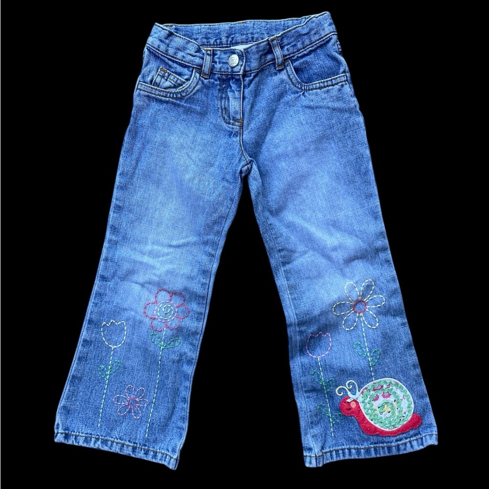 Talbots Kids Blue Jeans with Embroidered Flowers and appliqué snail